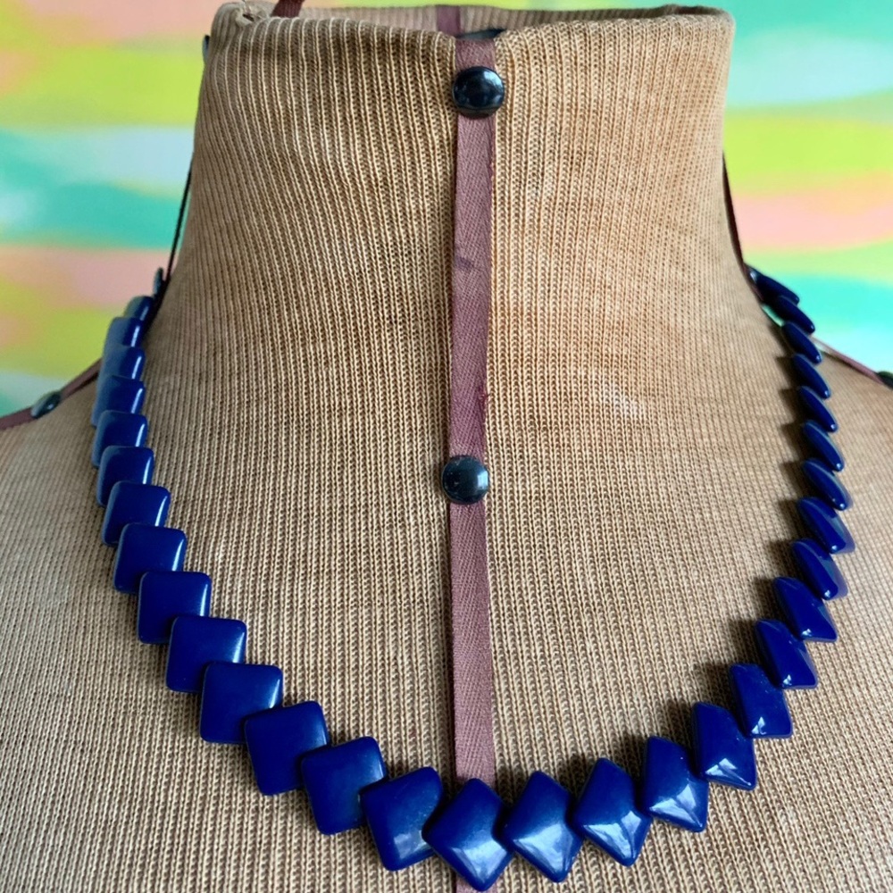 Trifari Navy Blue Plastic Square Bead Necklace